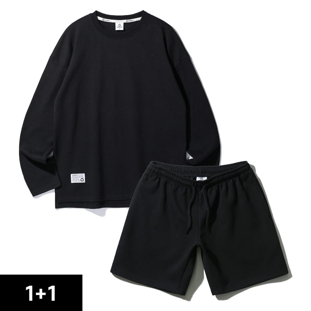 ALVINCLO [2Pack] Double Cotton Plain Oversized Long Sleeve Tee, Elastic Waist Sweatshirt, And Shorts 2-Piece Package (Type A)