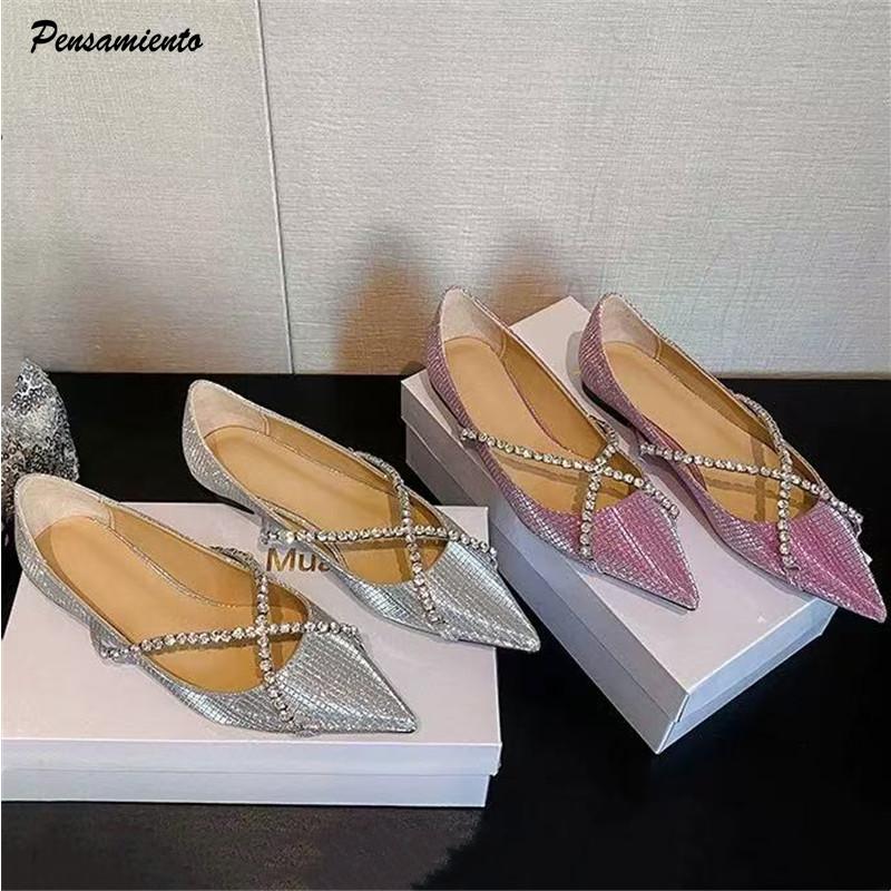 Luxury Sequined Rhinestones Mary Janes Women Flats Pumps Elegant Pointed toe Spring Autumn Shallow Ballet Walking Shoes