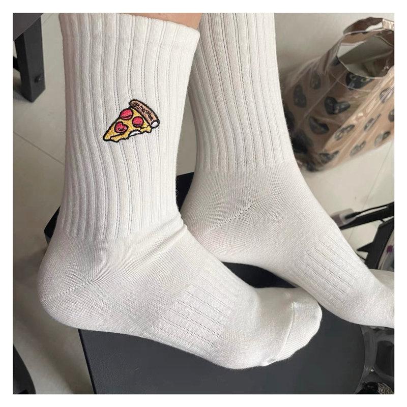Japanese Version Of Trendy Brand Cartoon Pizza Burger Embroidered Socks Retro Outer Wear Sports Mid-Tube Cotton Socks