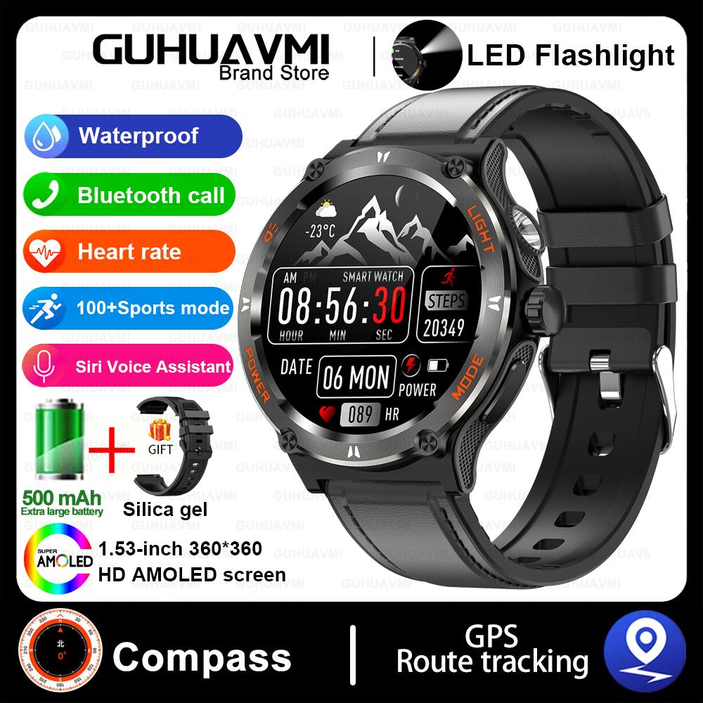 Outdoor Military Smart Watch Men LED Strong Light AMOLED Screen Heart Rate Compass Bluetooth Call 3ATM Waterproof Smartwatch