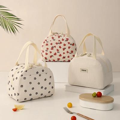 Tragbare Cord-Lunchtaschen Thermoisolierte Lunchbox Niedlicher Druck Damen Lunch-Aufbewahrungstasche Picknick Bento Große Kapazität Handtasche Isolierte Lunchtasche