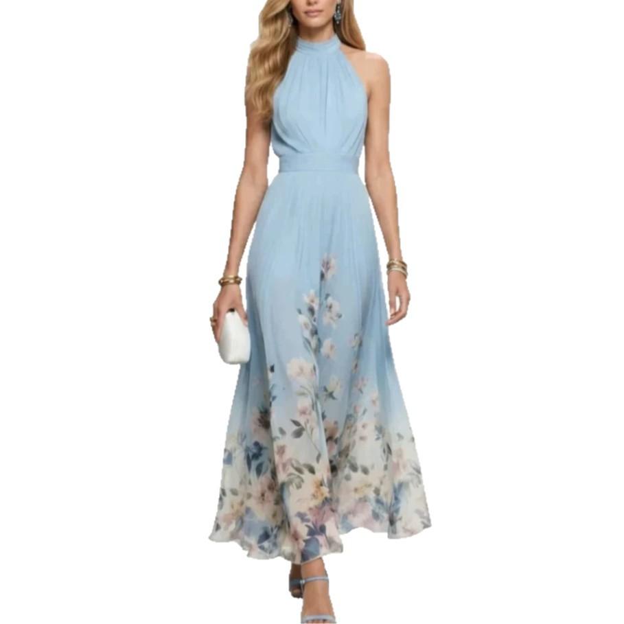 2026 New European and American Neck Sleeveless Lace-up Printed Elegant Temperament Long Dress