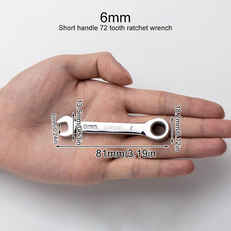 1Pc Metric Open End Wrench with Tight Spaces Gear Repair Hand Tools Steel Stubby Ratcheting Wrench Spanners 72-Tooth Car Repair