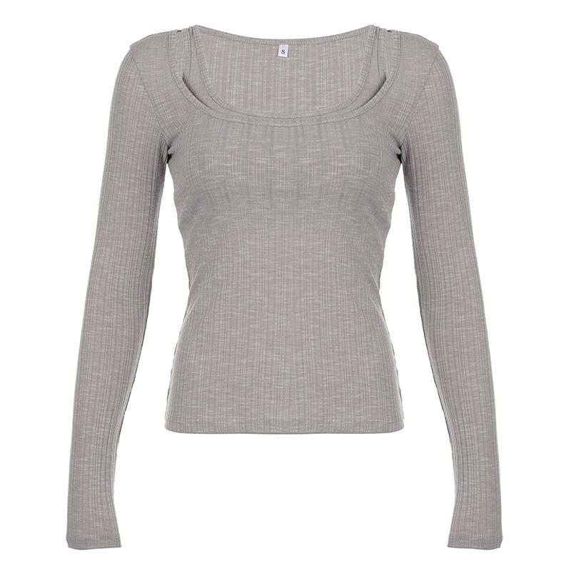 

Простая и повседневная футболка с длинным рукавом из двух частей, интеллектуальный стиль, однотонная, универсальный пуловер в рубчик, большой круглый вырез, базовый слой, топ на осень L серый