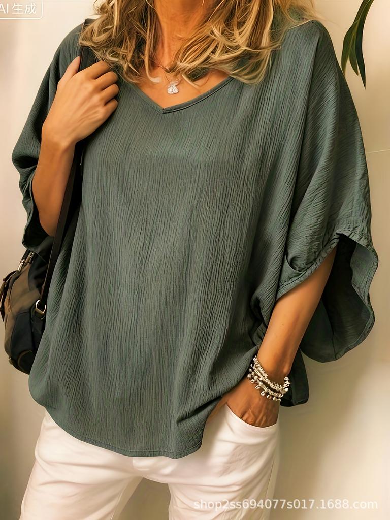 Versatile Batwing Sleeve V-Neck Cotton Linen Top