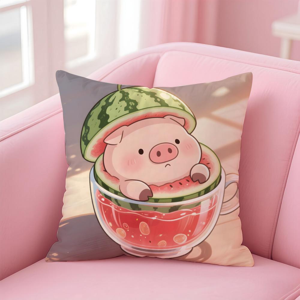 

Cute Pig Summer Surprise Cushion Cover Linen Pillowcase Cover Soft Decor for Sofa Home Room 30X30cm
