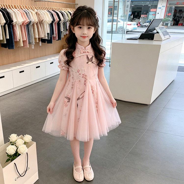 2026 Girls New Chinese Style Cheongsam Summer Sweet Princess Mesh Dress in Apricot. 160cm