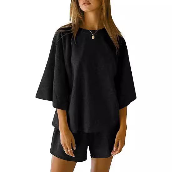2025 Summer Women's 2-Piece Set: Seven-Sleeve Top & Elastic Waist Shorts
