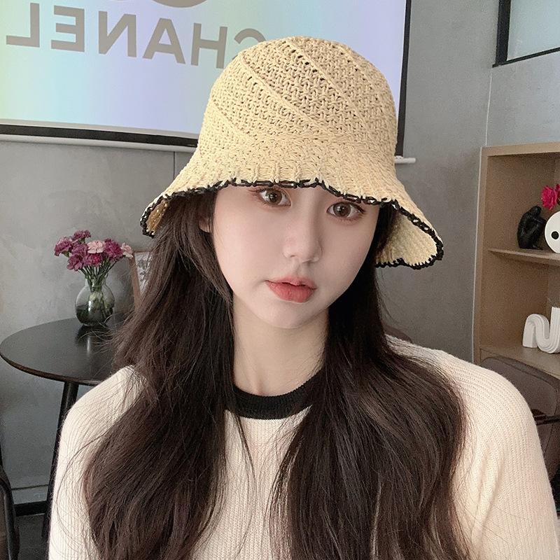 Straw hat female summer face small sunshade sunscreen straw bucket hat outdoor beach hollow breathable sun hat
