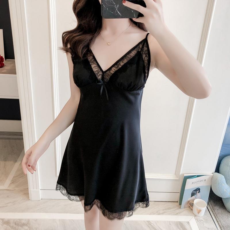 New suspender nightgown summer thin ice silk fairy with chest pad to gather sexy temptation hot pajamas woman