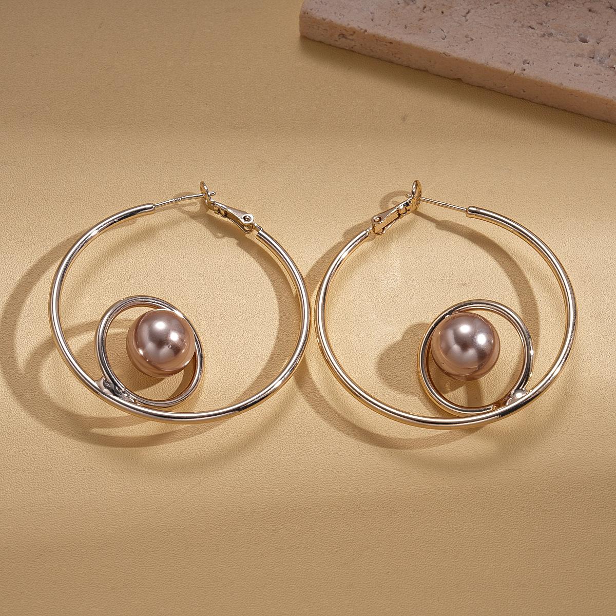 Imitation pearl geometric round silver needle earrings ins niche earrings