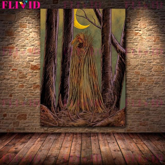 Moon Demon and Horror Wizard Vintage Wall Art Oil Painting Skeleton Demon Gothic Dark Art Poster