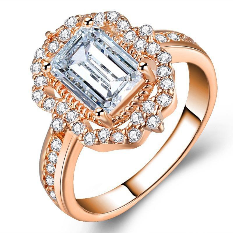 Copper-Plated Rose Gold Zircon Square Diamond Princess Ring, Fashionable Engagement Jewelry