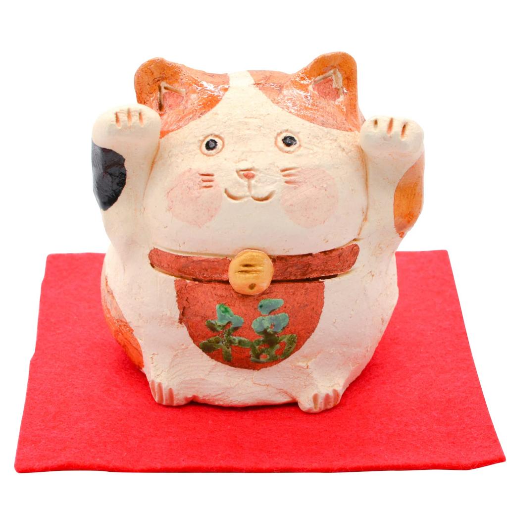 Mino Ware Lucky Maneki-neko Figurine with Raised Arms, Approx. 6 x 8cm, Made in Japan by Hisami Touen, Product Code: 041-0030