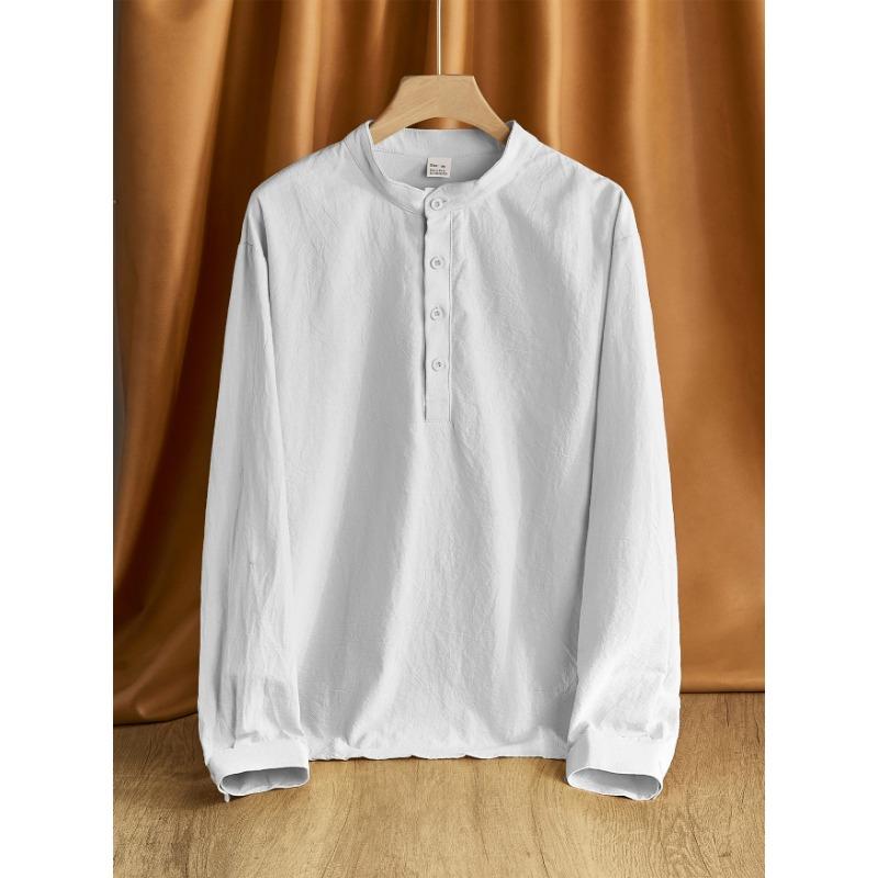 2025 Men's Loose Linen Solid Color Long Sleeve Stand Collar Top Men's Casual Shirt