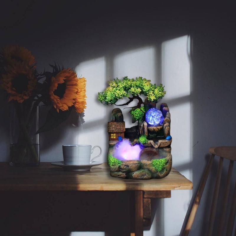 Indoor Resins Rockery Waterfall Fountains with Atomizer and LED Lighting Great for Home and Office Desktop Decoration