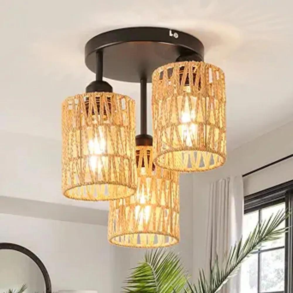 Retro Vine Pendant Light 3-Lights Rattan Light Fixture Light Chandelier Lighting Hand-woven Wicker Ceiling Light Restaurant
