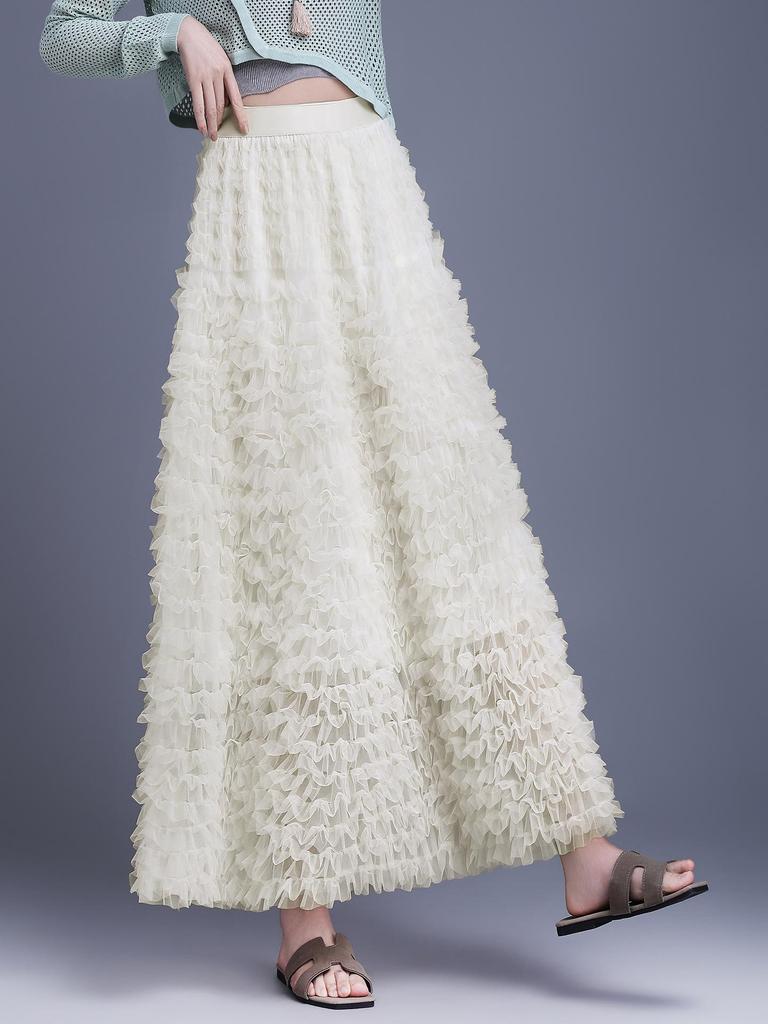 Elegant Mesh Fluffy Cake Skirt - Spring 2026 A-Line Midi with Wide Hem