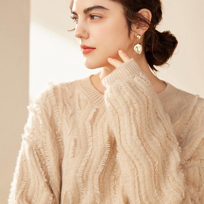 Double-Strand Tassel Round Neck 100% Pure Cashmere Sweater for Autumn/Winter 2024 - Loose Fit, Light Luxury Style for Women