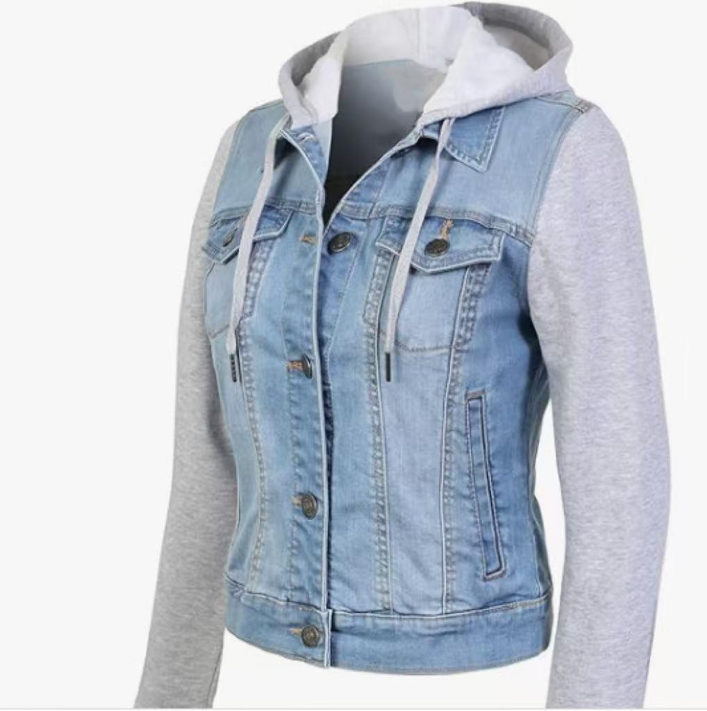 2025 Trendy European & American Women's Hooded Patchwork Denim Jacket - Casual Style