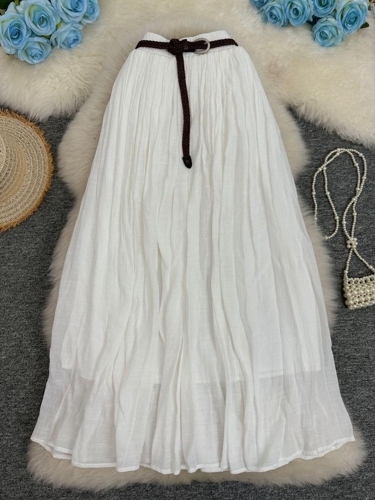 European & American A-line Pleated Cotton Linen Skirt with Elastic Waist - Mid-Length, Versatile, Women's