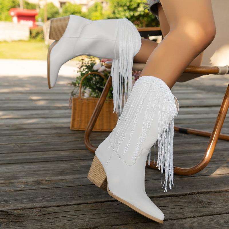 Fashion New Pointed Toe Versatile Block Heel No Knee Mid-Tube Tassel Boots for Women