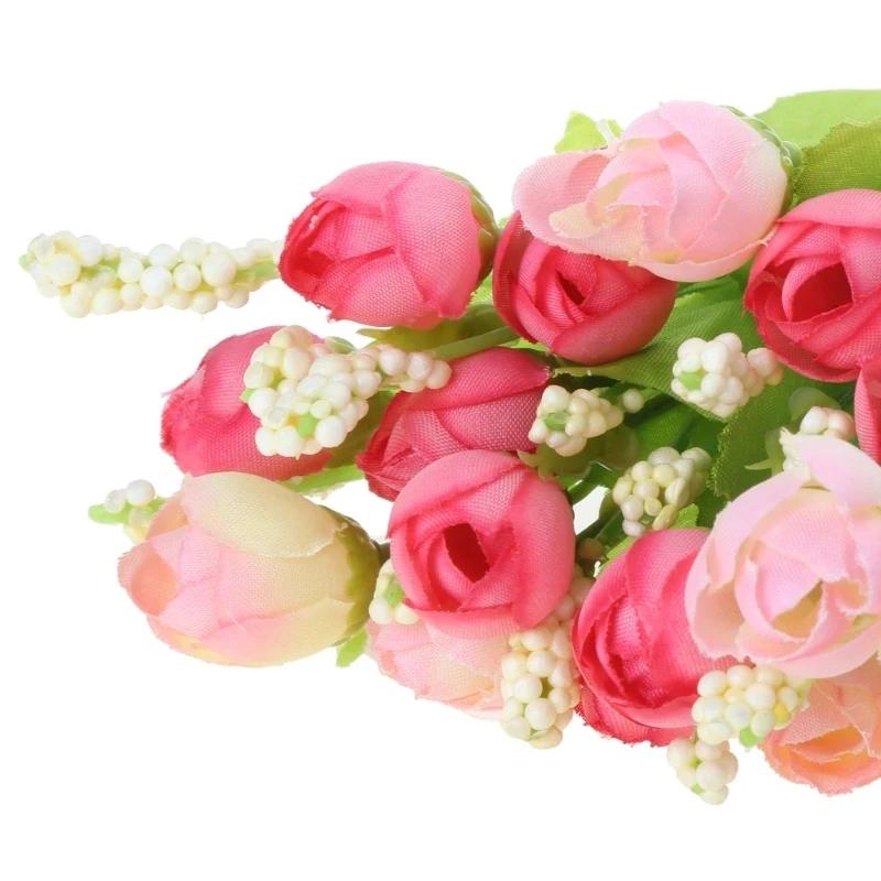 A Top Quality 15 Head Artificial Rose Fake Silk Flower Leaf Bouquet for Home Wedding Decor Bridal Bouq - Pack of 10