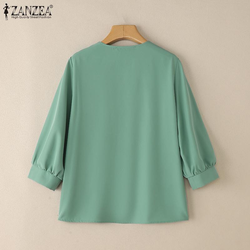 ZANZEA Women Casual V-Neck 3/4 Sleeve Loose Plain Blouse