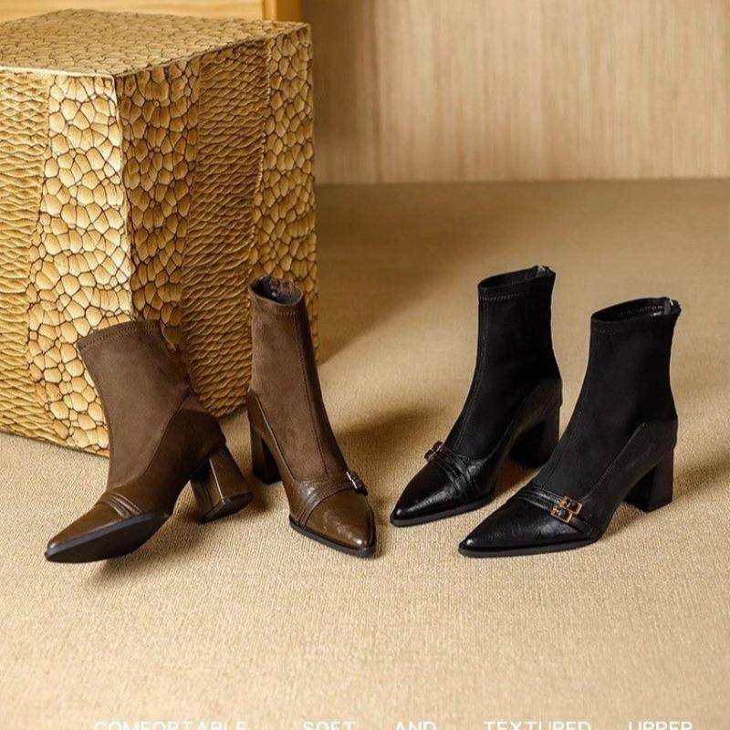 Fashion French Vintage Brown Booties Women Block Heel Fall Winter 2025 New Paneled Stretch Skinny Boots Pointed Toe Pump Shoes