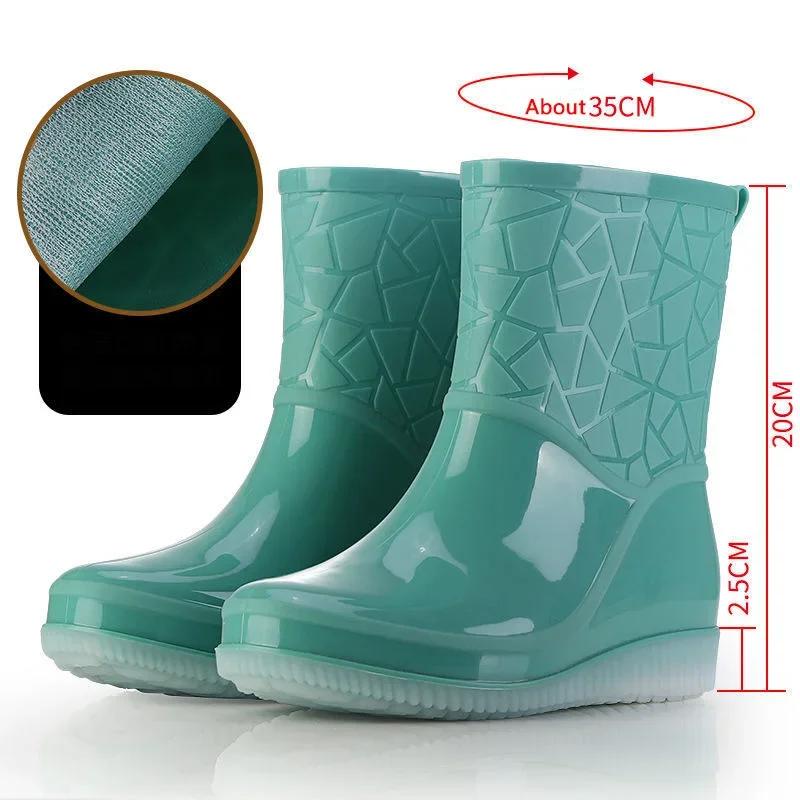 Fashion Rain Boots Women Waterproof Kitchen Car Wash Work Non-slip Mid-Calf Water Boots Antiskid Wear-Resistant Thickened Women Shoes