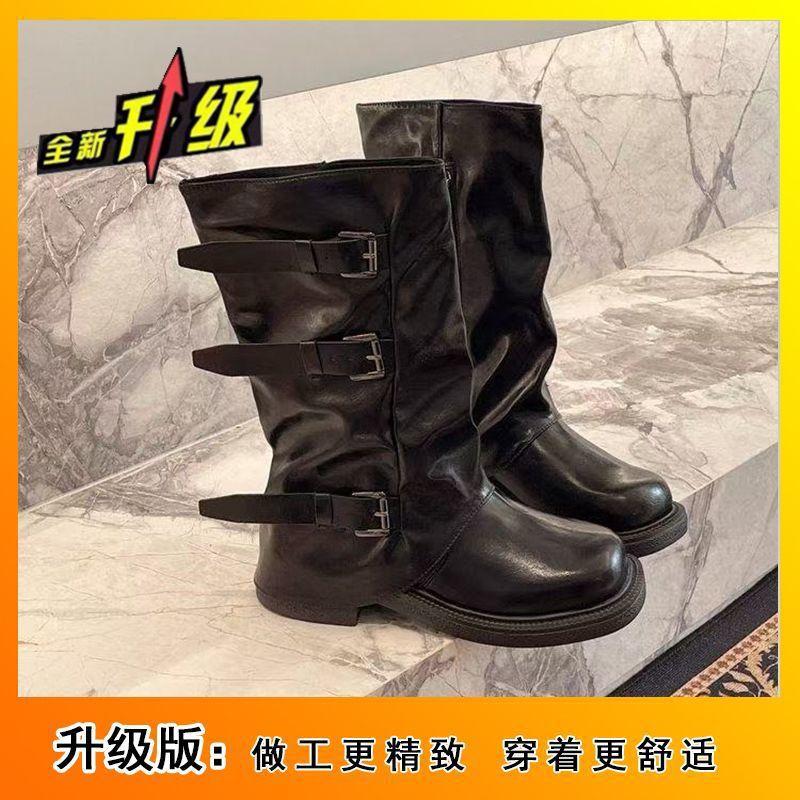 Super soft stack knight pleated boots retro medium tube belt buckle thick sole heightening trouser boots 2025 autumn and winter new