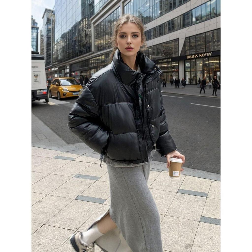 Women Autumn Winter Short Solid Color PU Leather Thicken Outwear Loose Cotton Padded Stand Collar Warm Jacket Coat