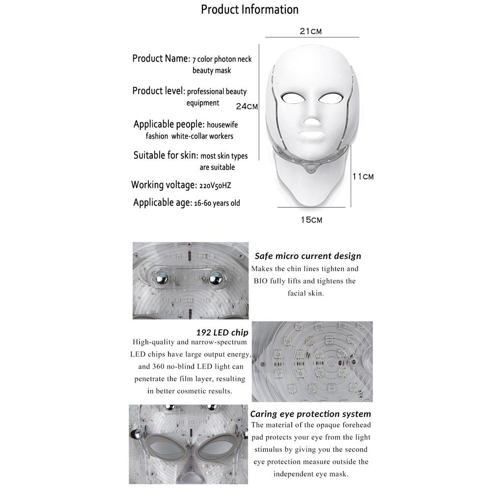 7 Colors LED Facial & Neck Mask - Skin Rejuvenation, Anti-Acne, Whitening, Shrink Pores - For Salon/SPA/Home Use