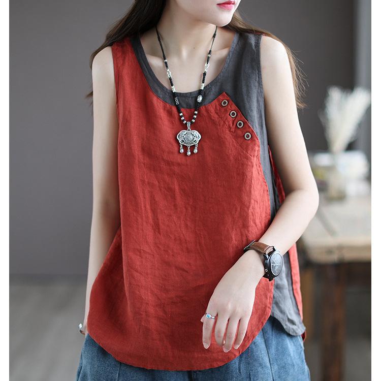 Women's Plus Size Casual Sleeveless Tank Top with Contrast Color Patchwork and Button Detail