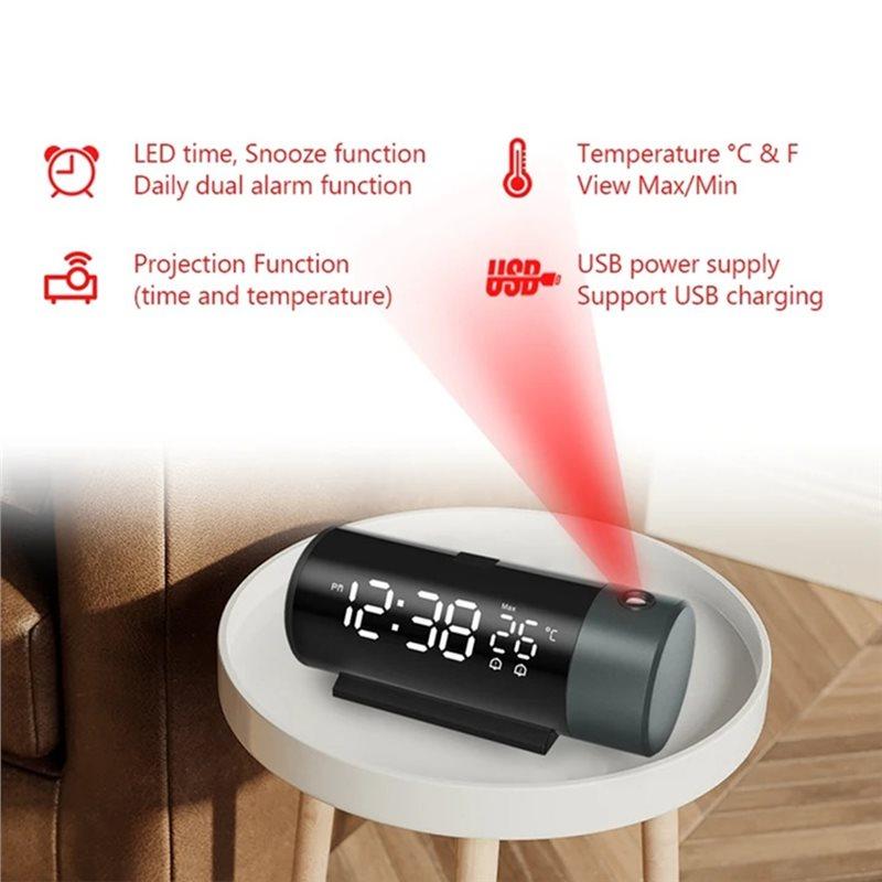 Premium-USB Projection Alarm Clock With Temperature Display Double Alarms And USB Rechargeable For Phone Charging Functi