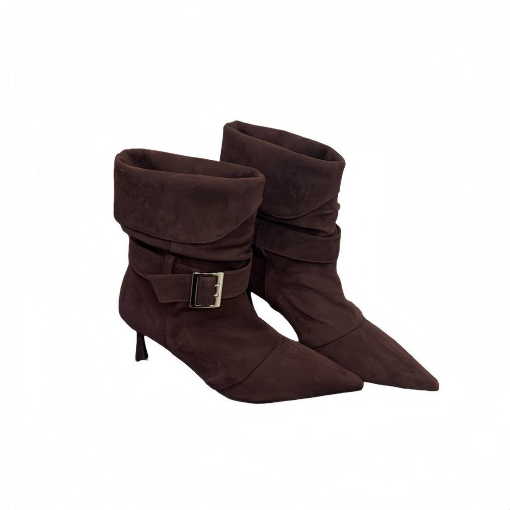 Two Wear 2025 Autumn and Winter New Pointed Thin Heel High Heel Boots Western Cowboy Boots Suede Metal Buckle Short Boots Medium Boots