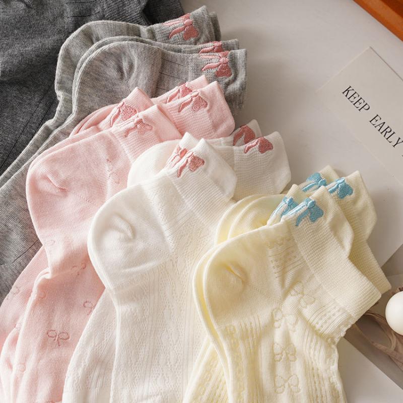 10 Pairs Bowknot Socks Women's Summer Thin Short Socks Korean Japanese Style Cute Mesh Breathable White Summer Boat Socks