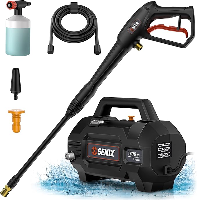 

Электрическая мойка высокого давления SENIX 13 А - МАКС. 2100 PSI, 1,2 GPM, Компактная, с пеногенератором, распылителем, 20-футовым шлангом, турбонасадкой, an чёрный