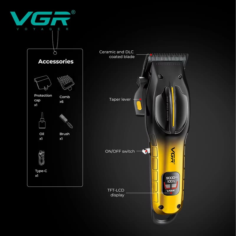 VGR High-end  Portable Hair Clipper Gradient Metal Body Hair Trimmer High-speed LCD Digital Display Screen Long Battery Life Electric Hair Clipper