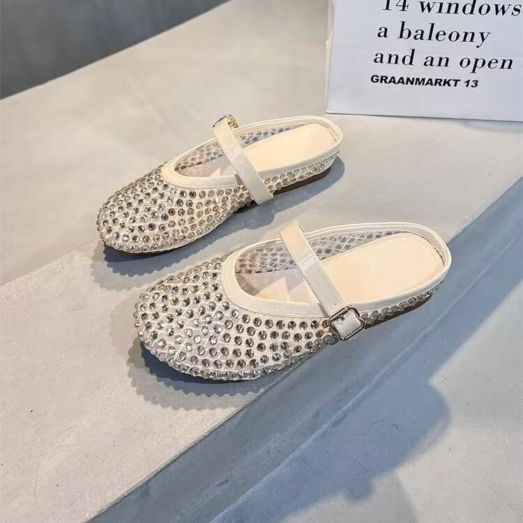 2025 spring and summer new lazy rhinestone heavy industry full diamond hollowed ballet shoes women's mesh fashion one pedal and half drag