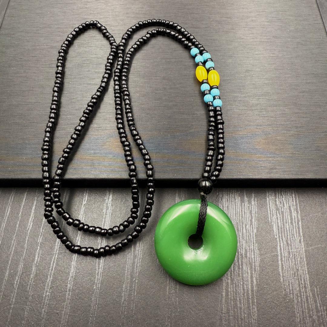 28MM Faux Jade Pendant Necklace with Sweater Chain - Ping An Kou Design, Perfect as a Gift