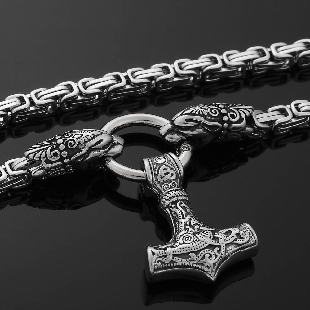Collier pendentif tête de loup en acier inoxydable Viking nordique pour hommes, marteau de Thor 