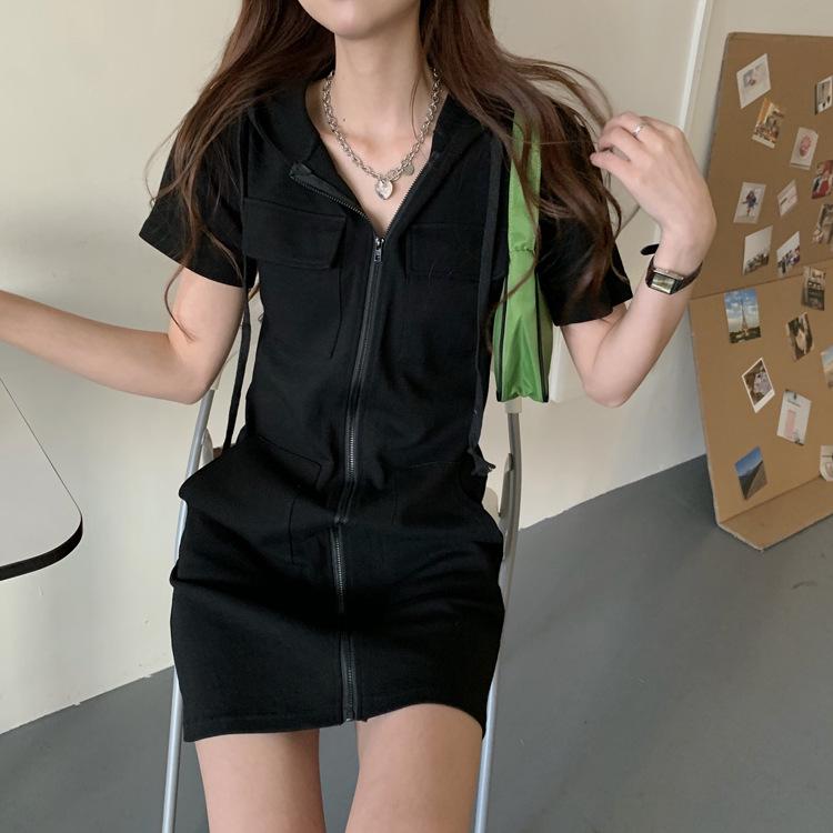 2025 Trendy Korean-Style Women's Summer Zipper Dress: Loose Casual Short-Sleeved Hooded Top