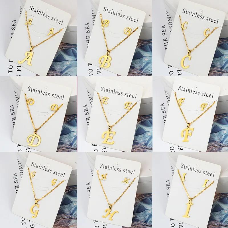 Stainless Steel Letter Necklace Bracelet Earring Zircon Set for Women Alphabet Pendant Necklace Party Gift