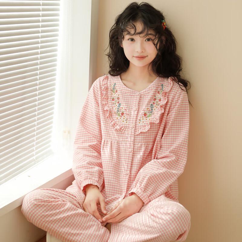 Женский фланелевый пижамный комплект с длинным рукавом и кружевной вышивкой
