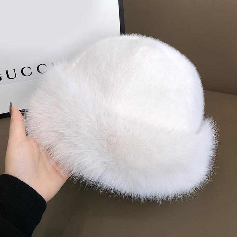 White Imitation Fur Plush Hat Women's Autumn and Winter Thickened Ear Protection Warm Fluffy Bucket Hat Cold Mongolia Hat
