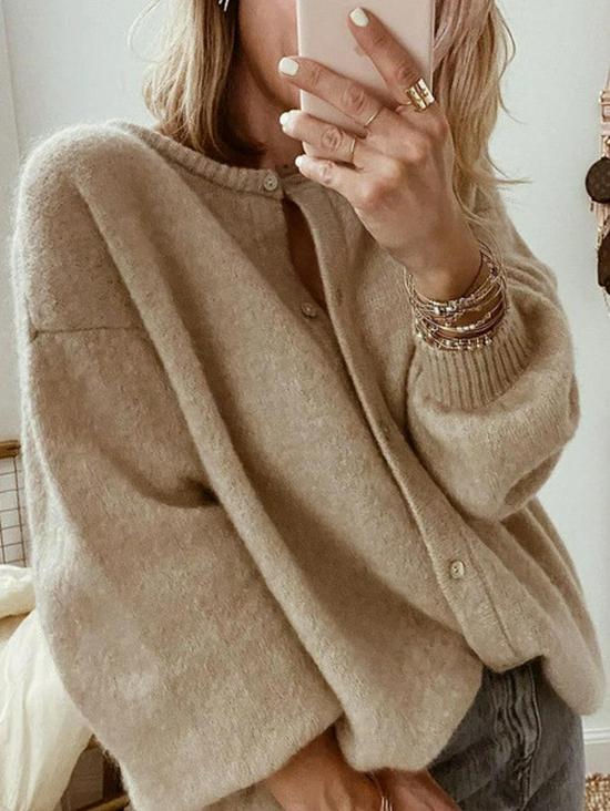 European & American Women's Plus Size Long-Sleeve Knitted Cardigan with Lantern Sleeves