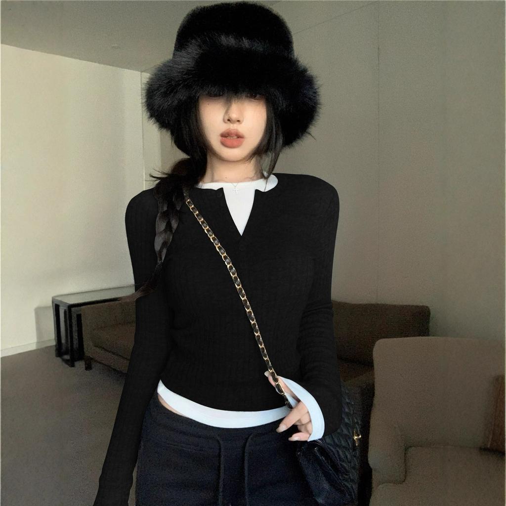 Red twist semi-open neck long-sleeved knitted sweater women's autumn and winter short slim-fit sweet Spice Girl sweater