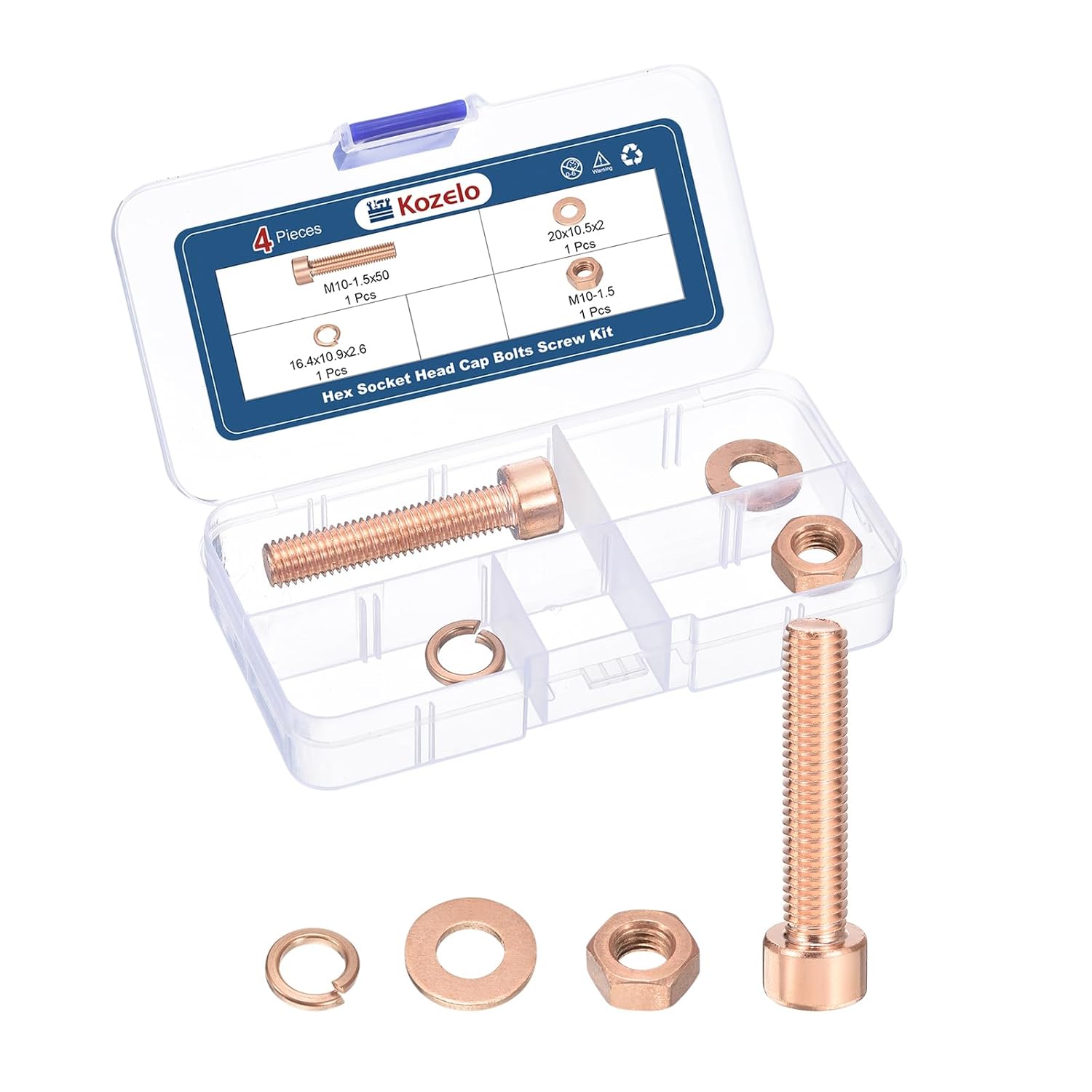 4pcs M10 Socket Head Cap Screws Bolts Nuts Assortment Kit - [M10-1.5x50mm] Red Copper Fully Threaded Hex Screw for 3D Printer Use