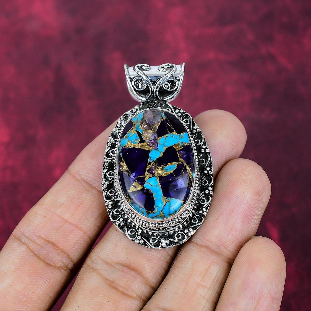 Copper Amethyst Turquoise Handmade Gemstone Pendant, 925 Solid Sterling Silver Pendant Antique Jewelry, For Memorial Day